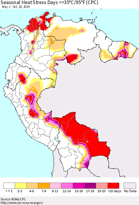 Northern South America Seasonal Heat Stress Days >=35°C/95°F (CPC) Thematic Map For 5/1/2019 - 10/20/2019