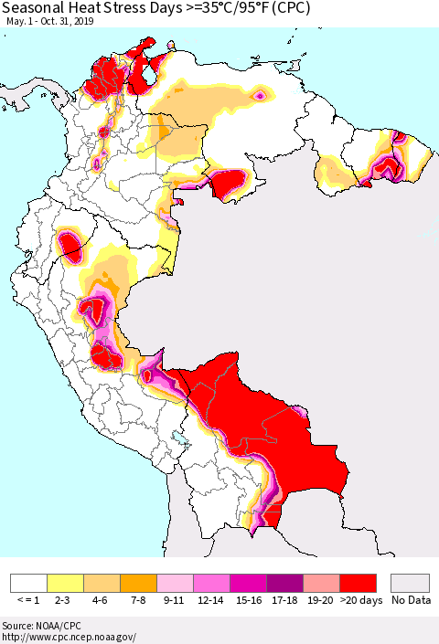 Northern South America Seasonal Heat Stress Days >=35°C/95°F (CPC) Thematic Map For 5/1/2019 - 10/31/2019