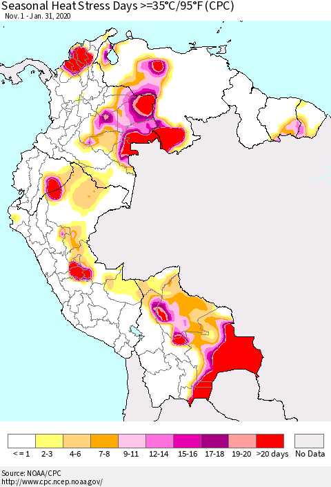 Northern South America Seasonal Heat Stress Days >=35°C/95°F (CPC) Thematic Map For 11/1/2019 - 1/31/2020