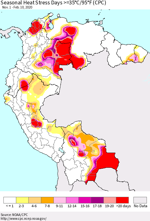 Northern South America Seasonal Heat Stress Days >=35°C/95°F (CPC) Thematic Map For 11/1/2019 - 2/10/2020