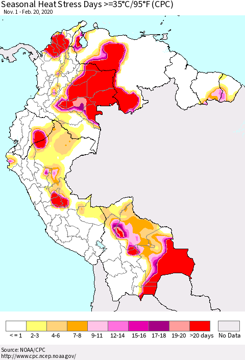 Northern South America Seasonal Heat Stress Days >=35°C/95°F (CPC) Thematic Map For 11/1/2019 - 2/20/2020