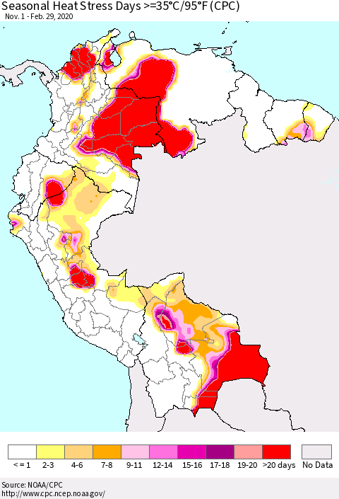 Northern South America Seasonal Heat Stress Days >=35°C/95°F (CPC) Thematic Map For 11/1/2019 - 2/29/2020