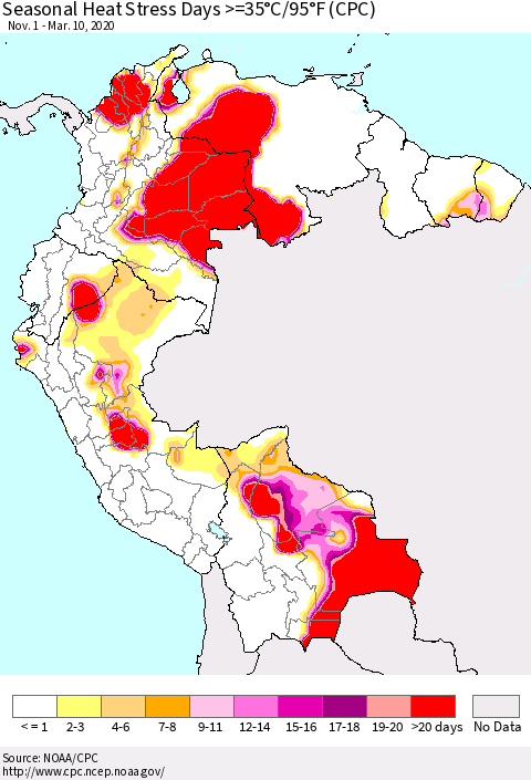 Northern South America Seasonal Heat Stress Days >=35°C/95°F (CPC) Thematic Map For 11/1/2019 - 3/10/2020