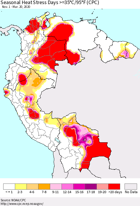 Northern South America Seasonal Heat Stress Days >=35°C/95°F (CPC) Thematic Map For 11/1/2019 - 3/20/2020