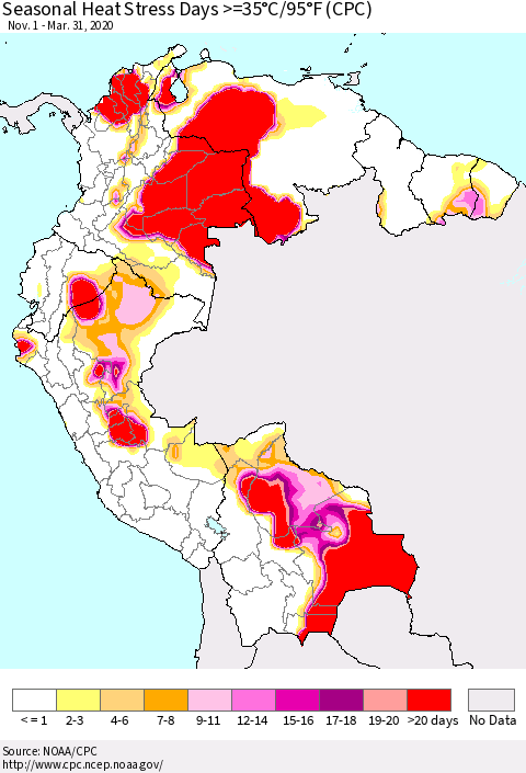 Northern South America Seasonal Heat Stress Days >=35°C/95°F (CPC) Thematic Map For 11/1/2019 - 3/31/2020