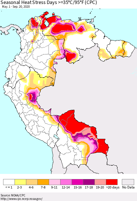 Northern South America Seasonal Heat Stress Days >=35°C/95°F (CPC) Thematic Map For 5/1/2020 - 9/20/2020