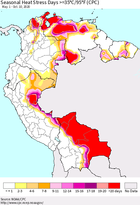 Northern South America Seasonal Heat Stress Days >=35°C/95°F (CPC) Thematic Map For 5/1/2020 - 10/10/2020