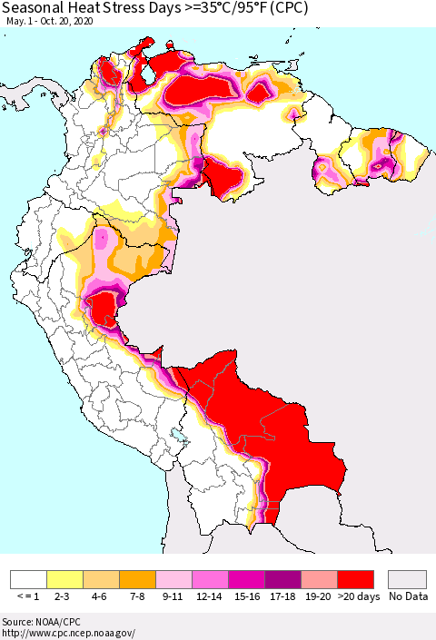 Northern South America Seasonal Heat Stress Days >=35°C/95°F (CPC) Thematic Map For 5/1/2020 - 10/20/2020