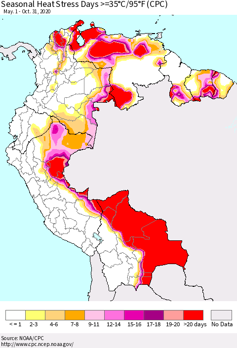 Northern South America Seasonal Heat Stress Days >=35°C/95°F (CPC) Thematic Map For 5/1/2020 - 10/31/2020