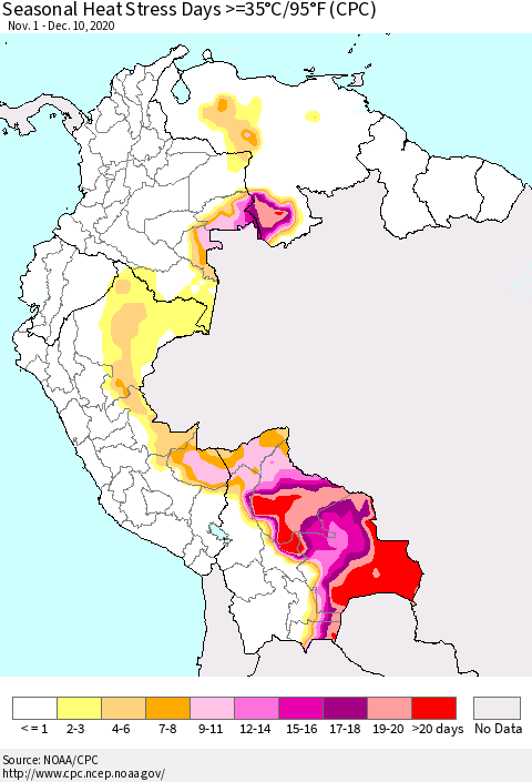 Northern South America Seasonal Heat Stress Days >=35°C/95°F (CPC) Thematic Map For 11/1/2020 - 12/10/2020