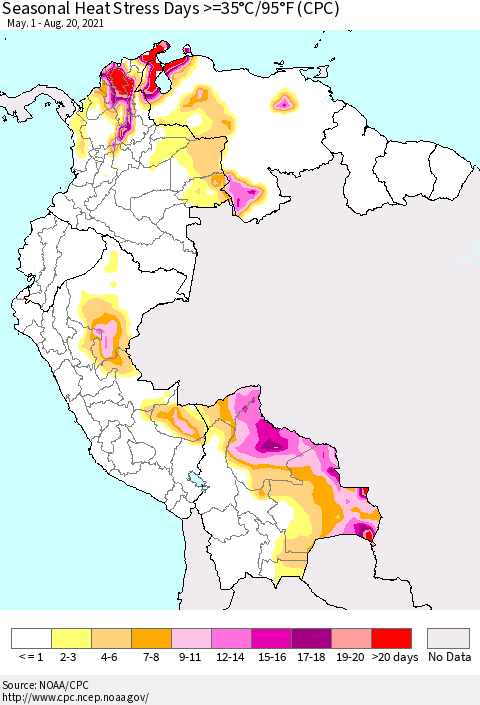 Northern South America Seasonal Heat Stress Days >=35°C/95°F (CPC) Thematic Map For 5/1/2021 - 8/20/2021