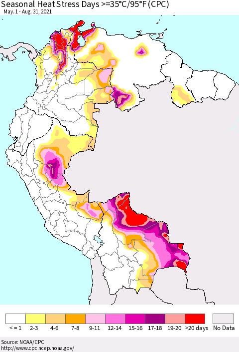 Northern South America Seasonal Heat Stress Days >=35°C/95°F (CPC) Thematic Map For 5/1/2021 - 8/31/2021