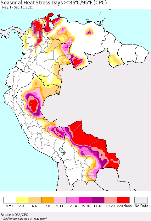Northern South America Seasonal Heat Stress Days >=35°C/95°F (CPC) Thematic Map For 5/1/2021 - 9/10/2021