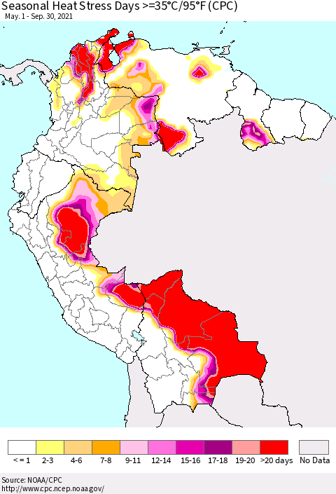 Northern South America Seasonal Heat Stress Days >=35°C/95°F (CPC) Thematic Map For 5/1/2021 - 9/30/2021