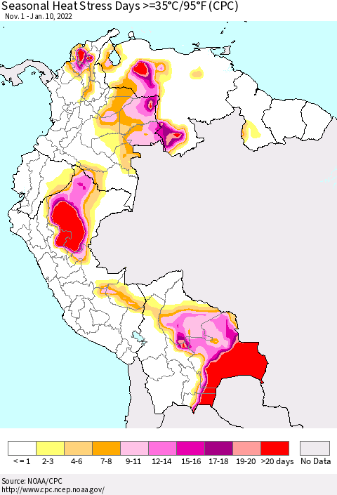 Northern South America Seasonal Heat Stress Days >=35°C/95°F (CPC) Thematic Map For 11/1/2021 - 1/10/2022