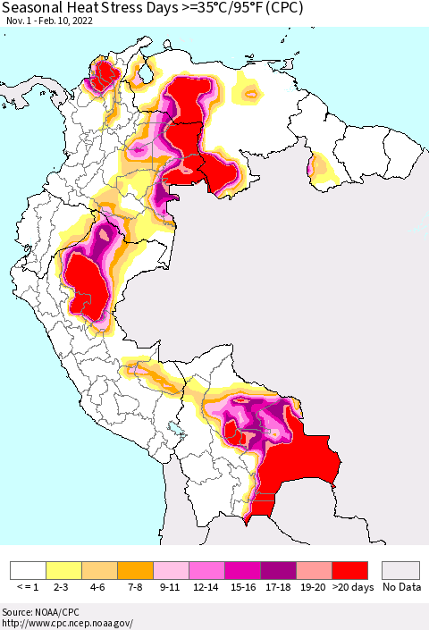 Northern South America Seasonal Heat Stress Days >=35°C/95°F (CPC) Thematic Map For 11/1/2021 - 2/10/2022