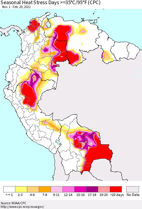 Northern South America Seasonal Heat Stress Days >=35°C/95°F (CPC) Thematic Map For 11/1/2021 - 2/20/2022