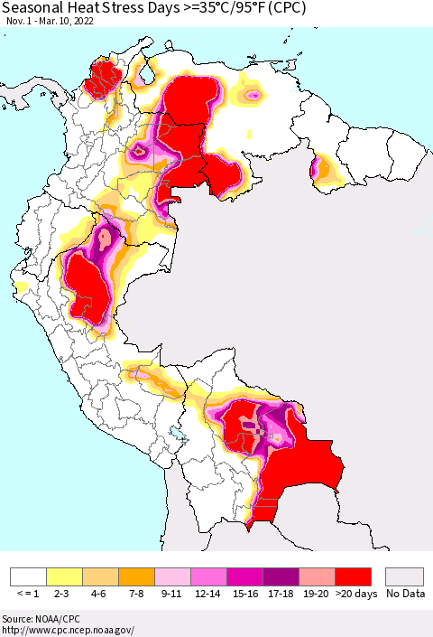 Northern South America Seasonal Heat Stress Days >=35°C/95°F (CPC) Thematic Map For 11/1/2021 - 3/10/2022
