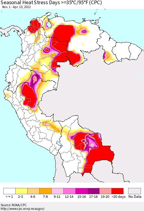 Northern South America Seasonal Heat Stress Days >=35°C/95°F (CPC) Thematic Map For 11/1/2021 - 4/10/2022