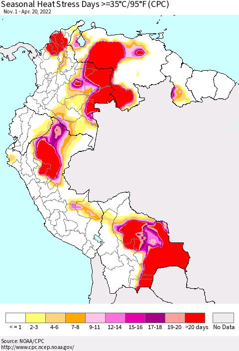 Northern South America Seasonal Heat Stress Days >=35°C/95°F (CPC) Thematic Map For 11/1/2021 - 4/20/2022