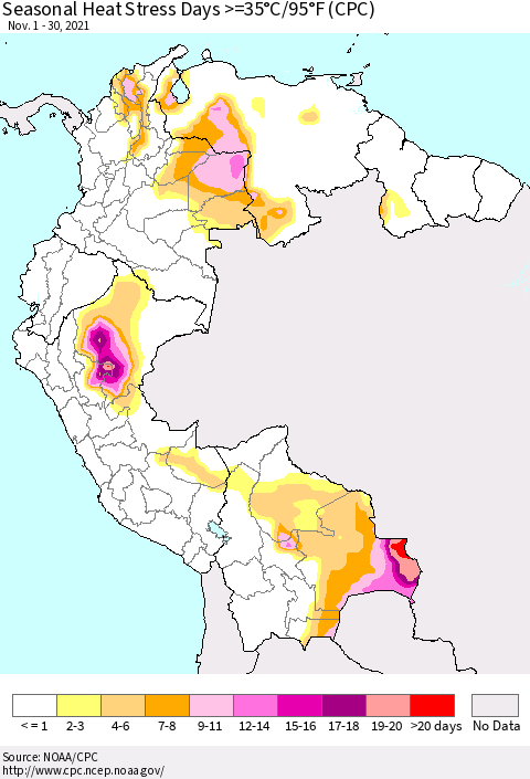 Northern South America Seasonal Heat Stress Days >=35°C/95°F (CPC) Thematic Map For 11/1/2021 - 11/30/2021