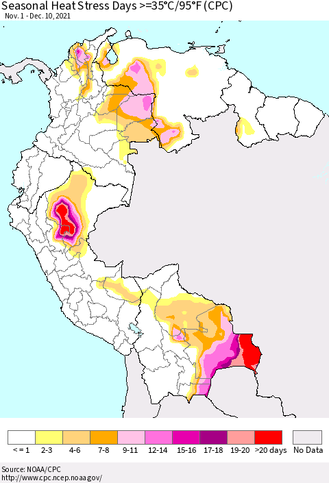Northern South America Seasonal Heat Stress Days >=35°C/95°F (CPC) Thematic Map For 11/1/2021 - 12/10/2021