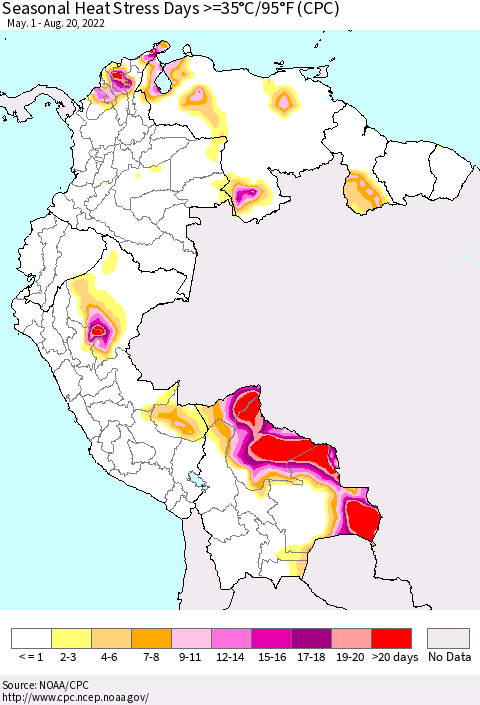 Northern South America Seasonal Heat Stress Days >=35°C/95°F (CPC) Thematic Map For 5/1/2022 - 8/20/2022