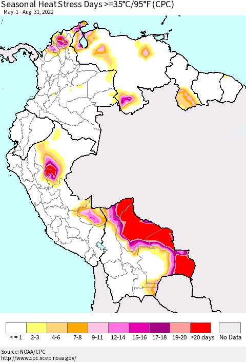 Northern South America Seasonal Heat Stress Days >=35°C/95°F (CPC) Thematic Map For 5/1/2022 - 8/31/2022