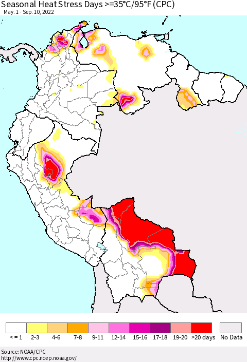 Northern South America Seasonal Heat Stress Days >=35°C/95°F (CPC) Thematic Map For 5/1/2022 - 9/10/2022