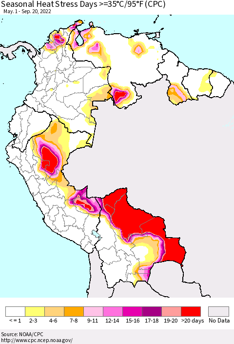 Northern South America Seasonal Heat Stress Days >=35°C/95°F (CPC) Thematic Map For 5/1/2022 - 9/20/2022