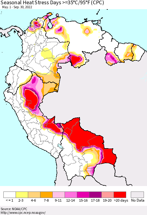 Northern South America Seasonal Heat Stress Days >=35°C/95°F (CPC) Thematic Map For 5/1/2022 - 9/30/2022