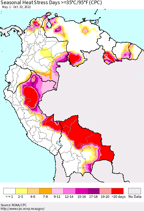 Northern South America Seasonal Heat Stress Days >=35°C/95°F (CPC) Thematic Map For 5/1/2022 - 10/10/2022