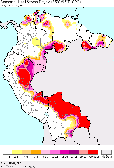 Northern South America Seasonal Heat Stress Days >=35°C/95°F (CPC) Thematic Map For 5/1/2022 - 10/20/2022