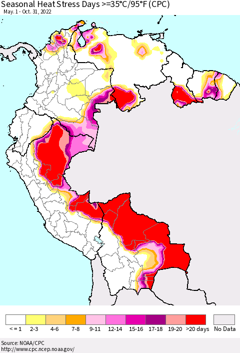 Northern South America Seasonal Heat Stress Days >=35°C/95°F (CPC) Thematic Map For 5/1/2022 - 10/31/2022