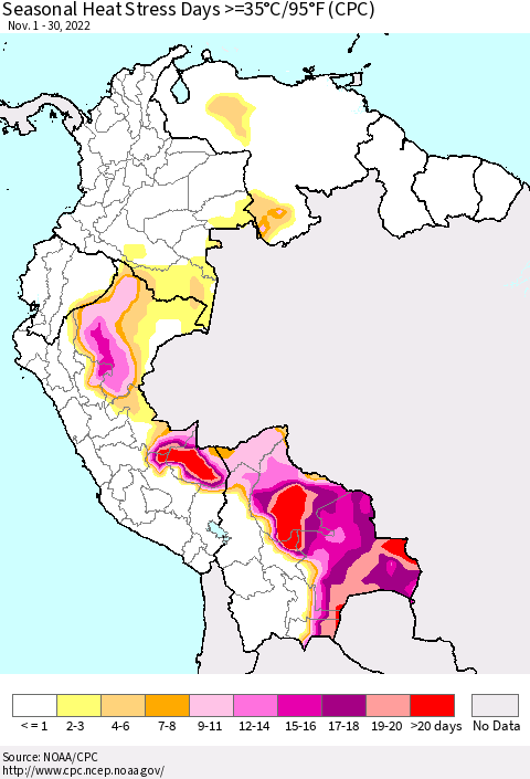 Northern South America Seasonal Heat Stress Days >=35°C/95°F (CPC) Thematic Map For 11/1/2022 - 11/30/2022