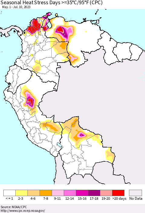 Northern South America Seasonal Heat Stress Days >=35°C/95°F (CPC) Thematic Map For 5/1/2023 - 7/10/2023