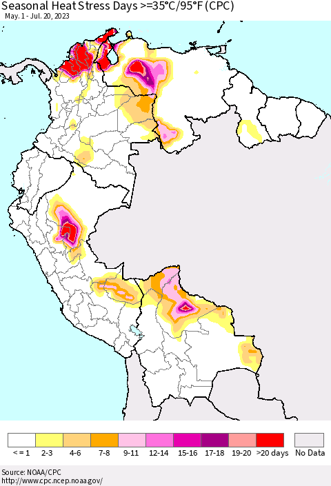 Northern South America Seasonal Heat Stress Days >=35°C/95°F (CPC) Thematic Map For 5/1/2023 - 7/20/2023