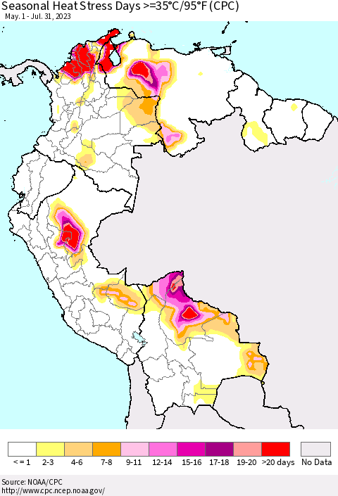 Northern South America Seasonal Heat Stress Days >=35°C/95°F (CPC) Thematic Map For 5/1/2023 - 7/31/2023