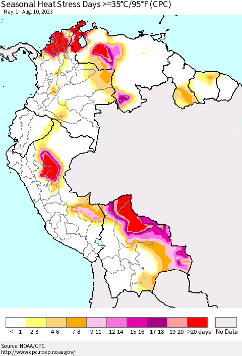 Northern South America Seasonal Heat Stress Days >=35°C/95°F (CPC) Thematic Map For 5/1/2023 - 8/10/2023