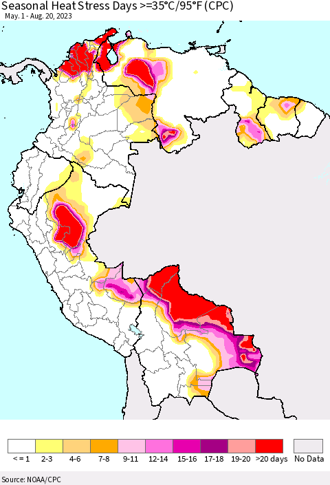 Northern South America Seasonal Heat Stress Days >=35°C/95°F (CPC) Thematic Map For 5/1/2023 - 8/20/2023
