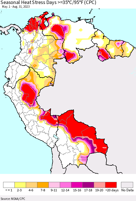 Northern South America Seasonal Heat Stress Days >=35°C/95°F (CPC) Thematic Map For 5/1/2023 - 8/31/2023