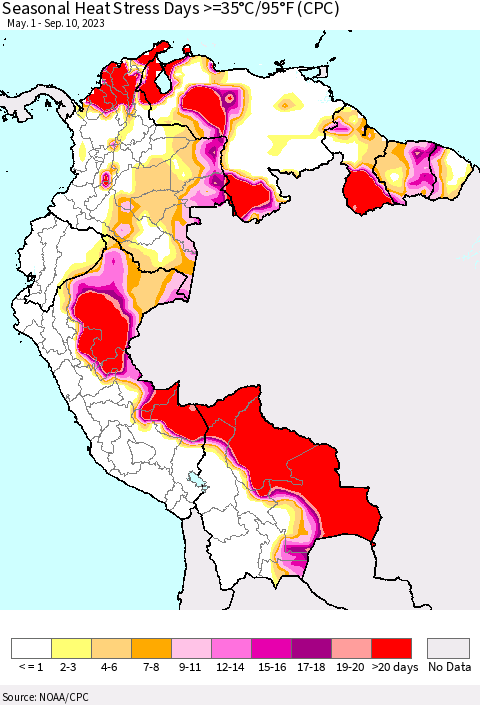 Northern South America Seasonal Heat Stress Days >=35°C/95°F (CPC) Thematic Map For 5/1/2023 - 9/10/2023