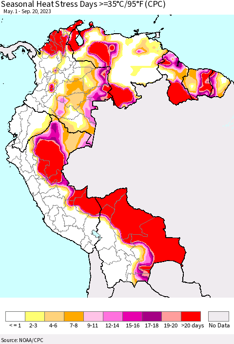 Northern South America Seasonal Heat Stress Days >=35°C/95°F (CPC) Thematic Map For 5/1/2023 - 9/20/2023