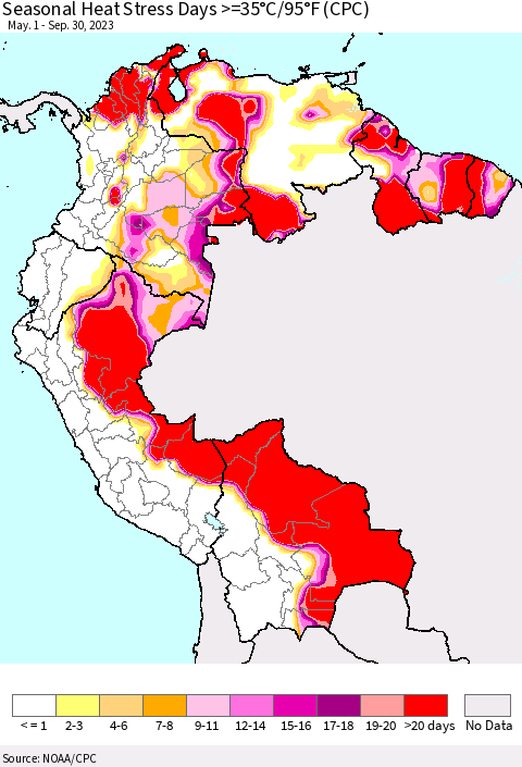Northern South America Seasonal Heat Stress Days >=35°C/95°F (CPC) Thematic Map For 5/1/2023 - 9/30/2023