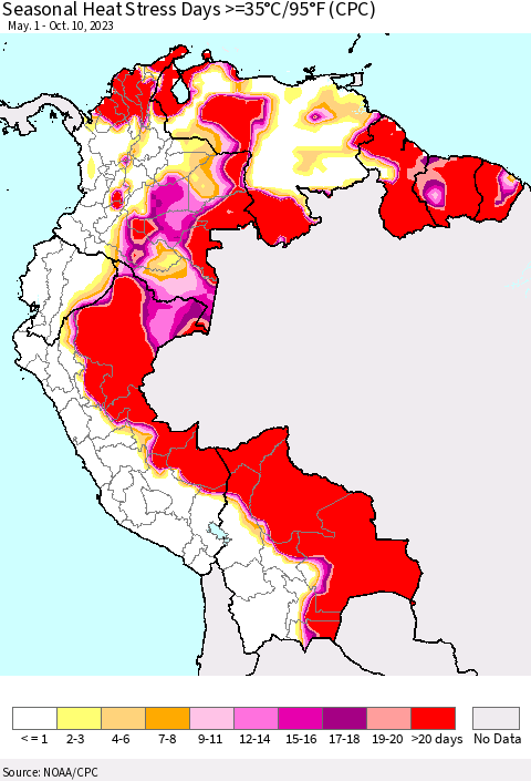Northern South America Seasonal Heat Stress Days >=35°C/95°F (CPC) Thematic Map For 5/1/2023 - 10/10/2023