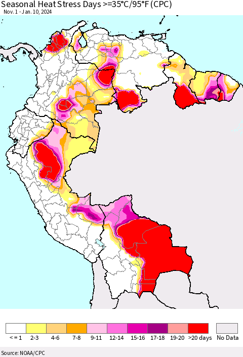 Northern South America Seasonal Heat Stress Days >=35°C/95°F (CPC) Thematic Map For 11/1/2023 - 1/10/2024