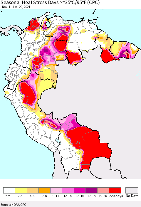 Northern South America Seasonal Heat Stress Days >=35°C/95°F (CPC) Thematic Map For 11/1/2023 - 1/20/2024