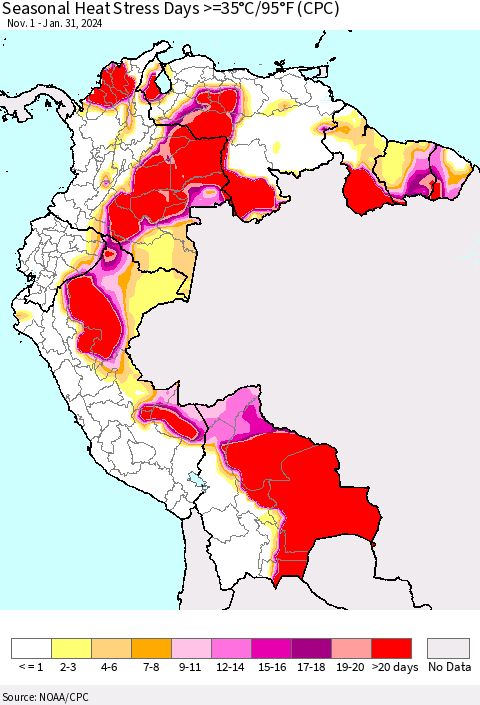 Northern South America Seasonal Heat Stress Days >=35°C/95°F (CPC) Thematic Map For 11/1/2023 - 1/31/2024