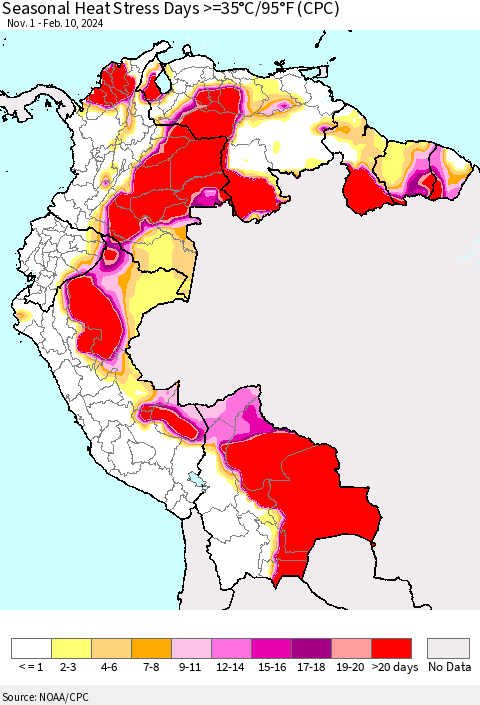 Northern South America Seasonal Heat Stress Days >=35°C/95°F (CPC) Thematic Map For 11/1/2023 - 2/10/2024