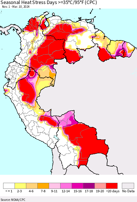 Northern South America Seasonal Heat Stress Days >=35°C/95°F (CPC) Thematic Map For 11/1/2023 - 3/10/2024